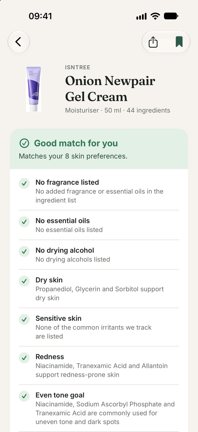 A product in Petal: Isntree Onion Newpair Gel Cream, Good match for you, matching 8 skin preferences, with reasons such as no fragrance listed and ingredients that support dry skin.